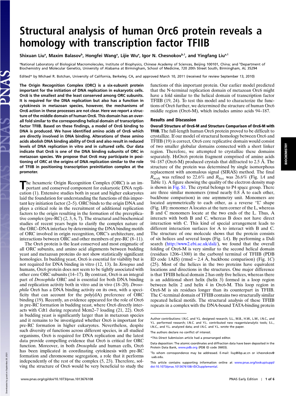 Structural Analysis of Human Orc6 Protein Reveals a Homology with Transcription Factor TFIIB