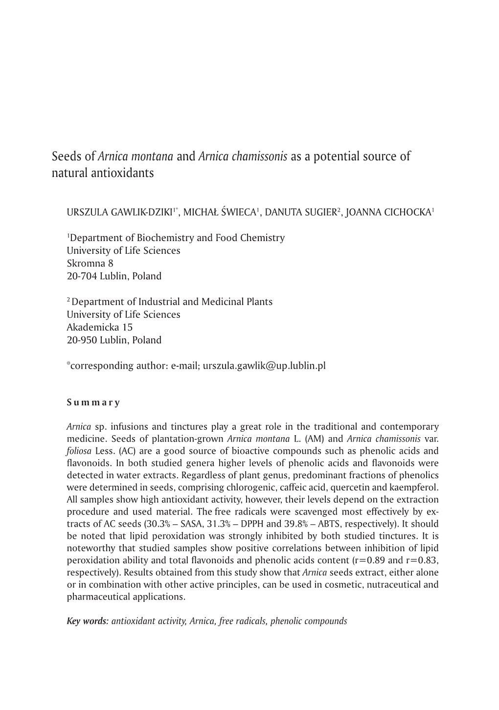 Seeds of Arnica Montana and Arnica Chamissonis As a Potential Source of Natural Antioxidants