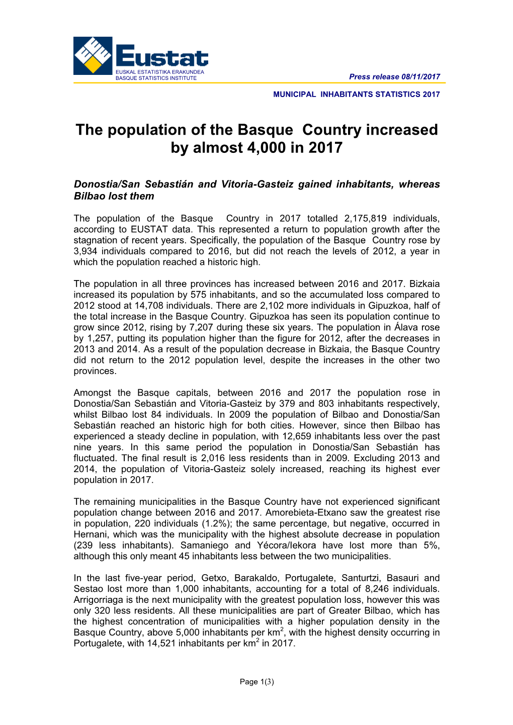 MUNICIPAL INHABITANTS STATISTICS 2017 . the Population of the Basque Country Increased by Almost 4,000 in 2017