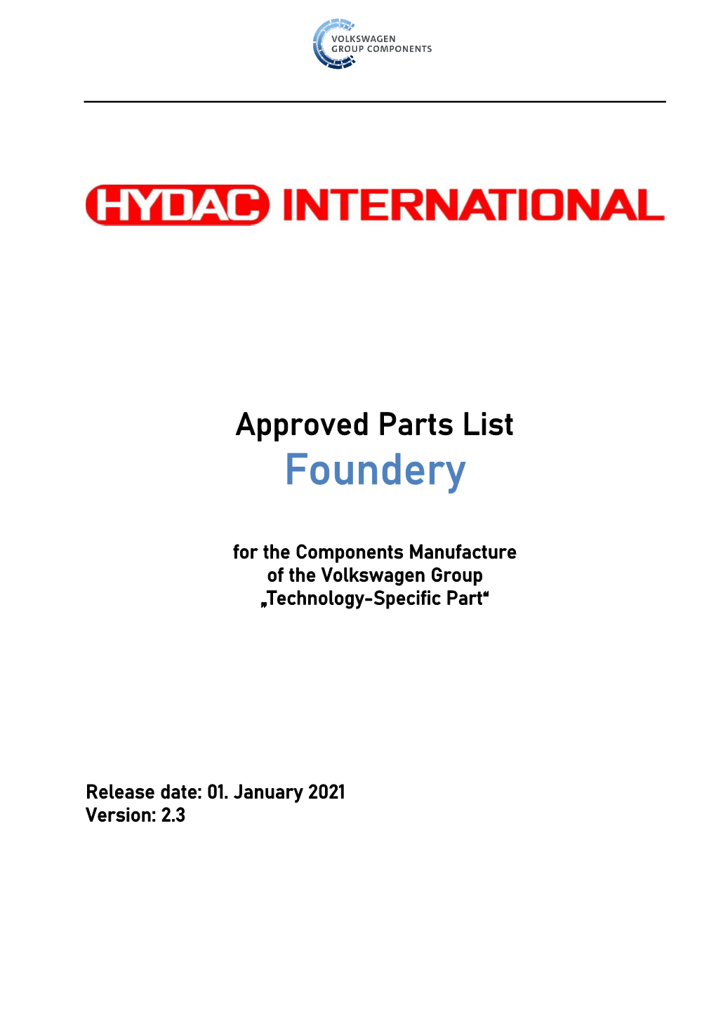 HYDAC Approved Parts List VW Agg Hydraulics Foundry