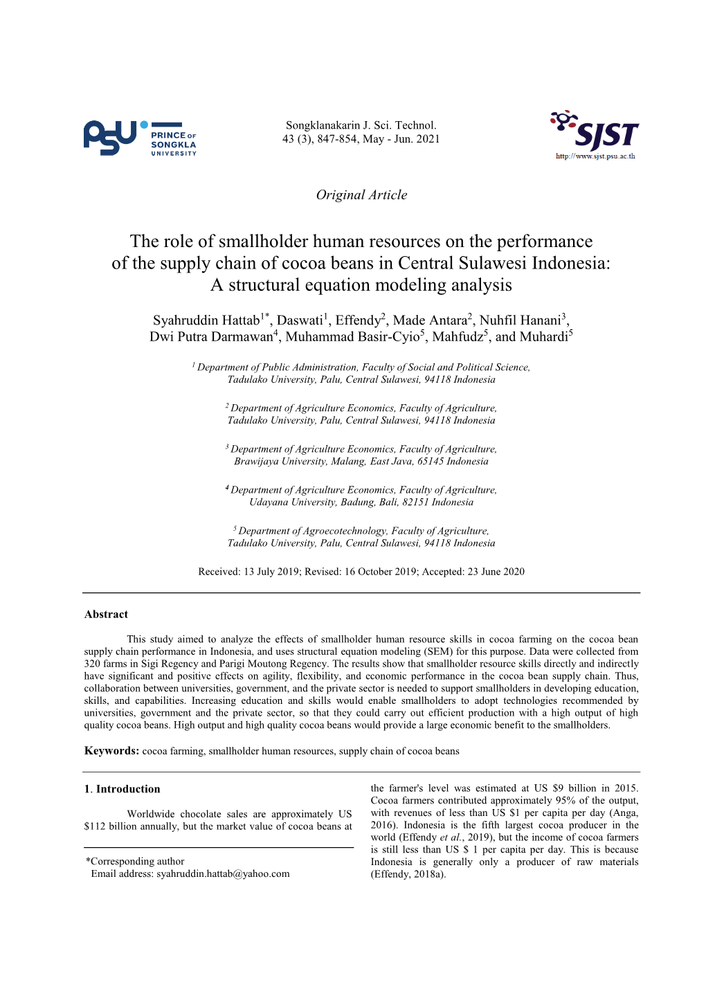 The Role of Smallholder Human Resources on the Performance of the Supply Chain of Cocoa Beans in Central Sulawesi Indonesia: a Structural Equation Modeling Analysis