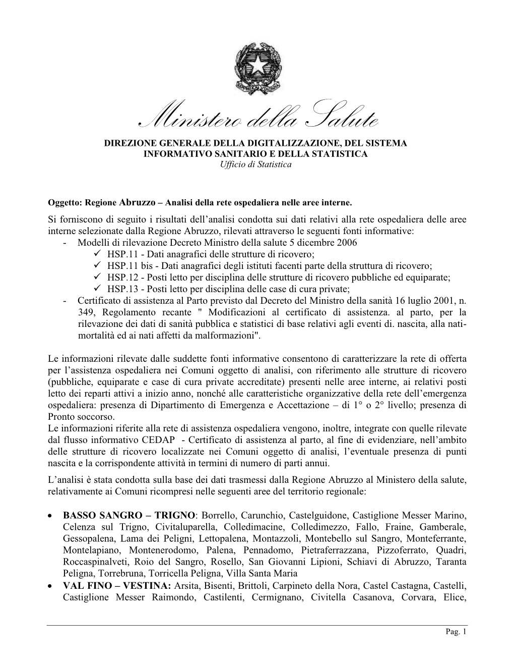 Ministero Della Salute, Regione Abruzzo Analisi Della Rete