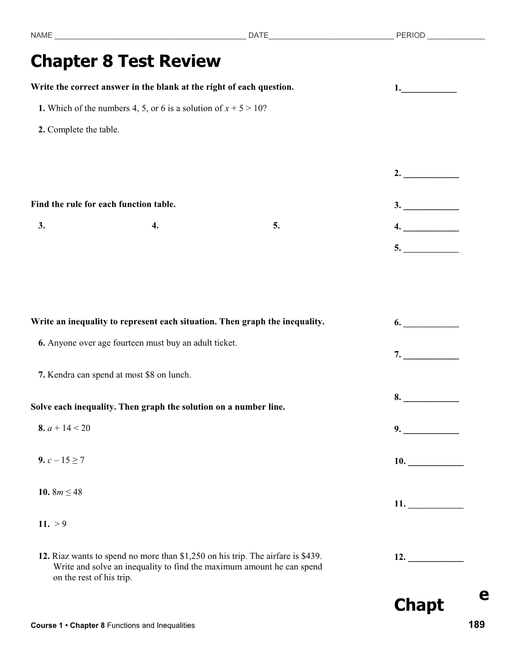 Write the Correct Answer in the Blank at the Right of Each Question