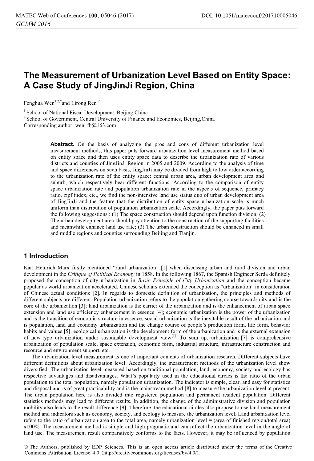 The Measurement of Urbanization Level Based on Entity Space: a Case Study of Jingjinji Region, China
