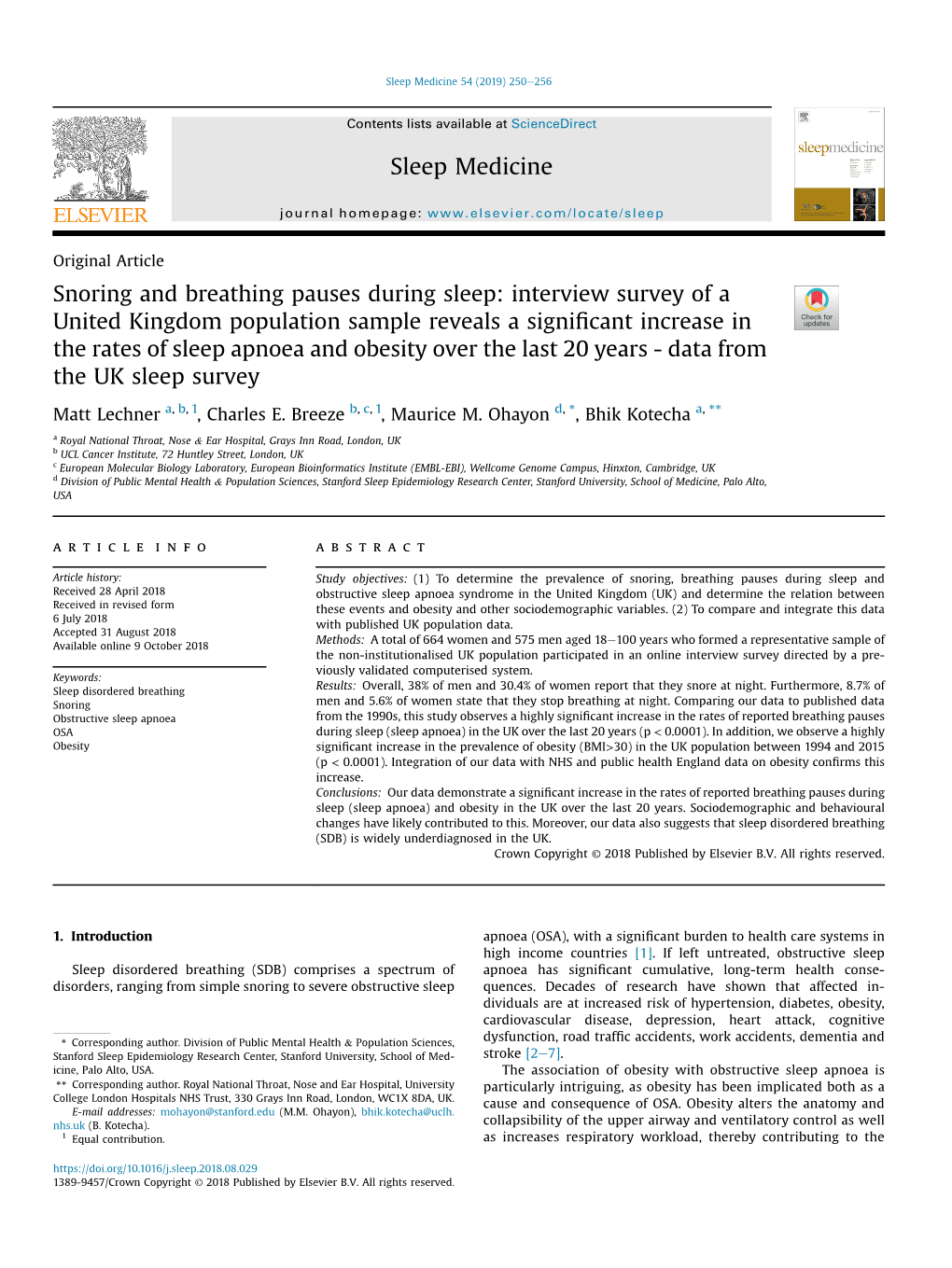 Snoring and Breathing Pauses During Sleep: Interview Survey of a United