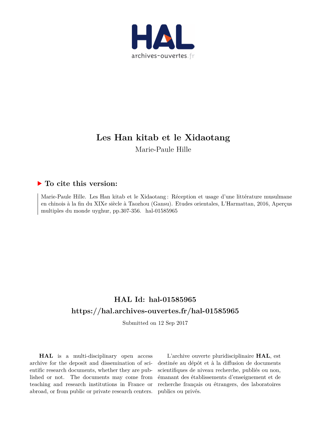 Les Han Kitab Et Le Xidaotang Marie-Paule Hille