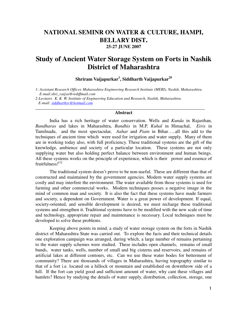 Study of Ancient Water Storage System on Forts in Nashik District of Maharashtra
