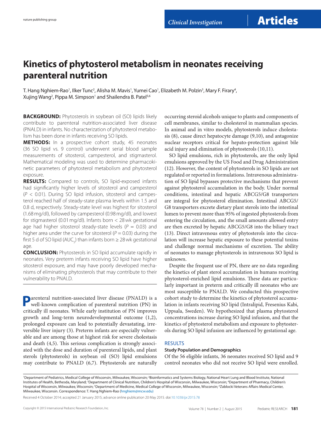 Kinetics of Phytosterol Metabolism in Neonates Receiving Parenteral Nutrition