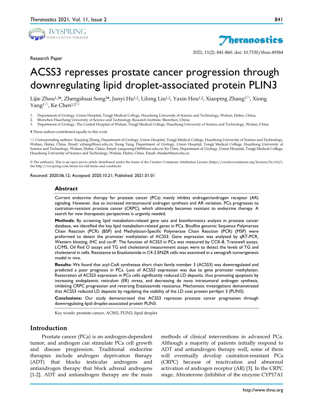 Theranostics ACSS3 Represses Prostate Cancer Progression