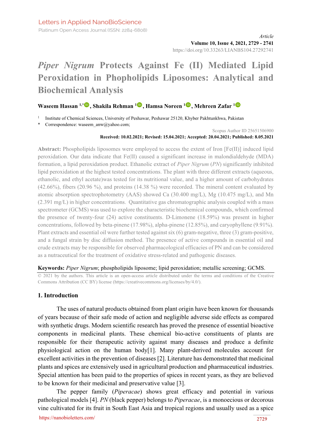 Piper Nigrum Protects Against Fe (II) Mediated Lipid Peroxidation in Phopholipids Liposomes: Analytical and Biochemical Analysis