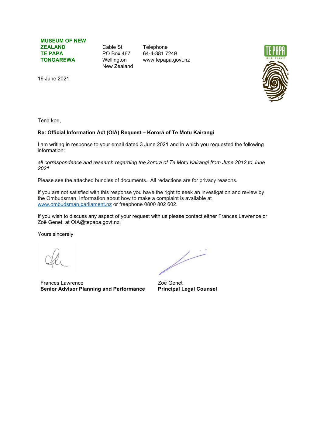 Response to OIA Request Kororā of Te Motu Kairangi 16 Jun 2021