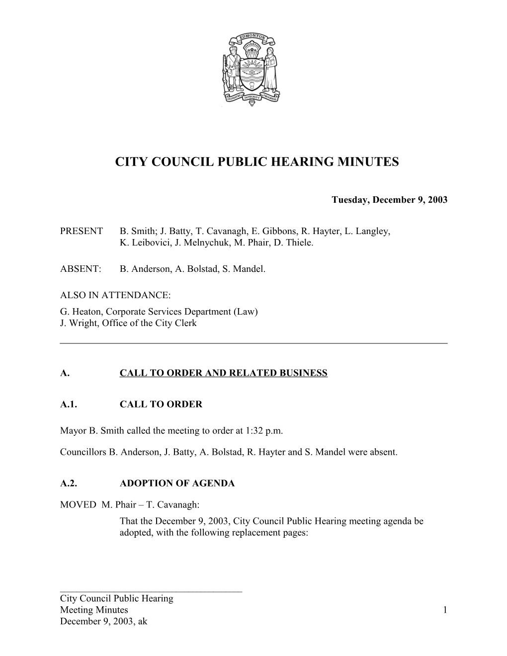 Minutes for City Council December 9, 2003 Meeting