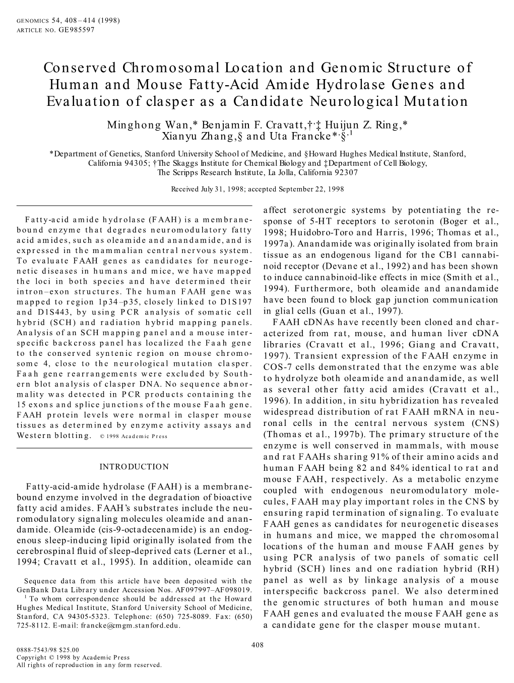 Conserved Chromosomal Location and Genomic Structure of Human