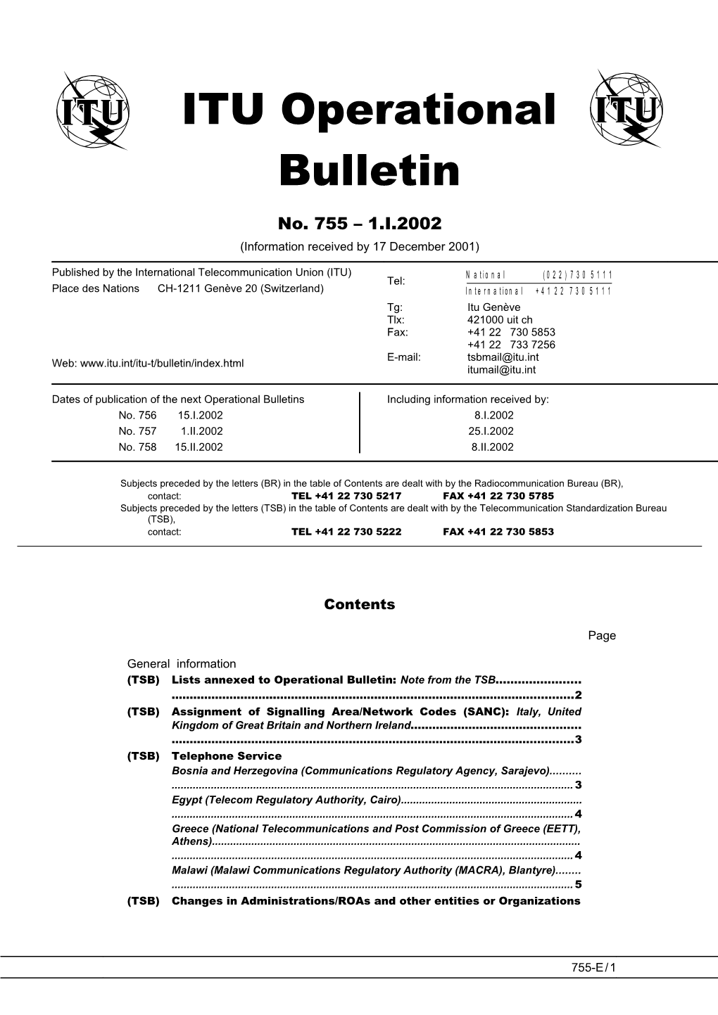 ITU Operational Bulletin 755 - 1.I.2002