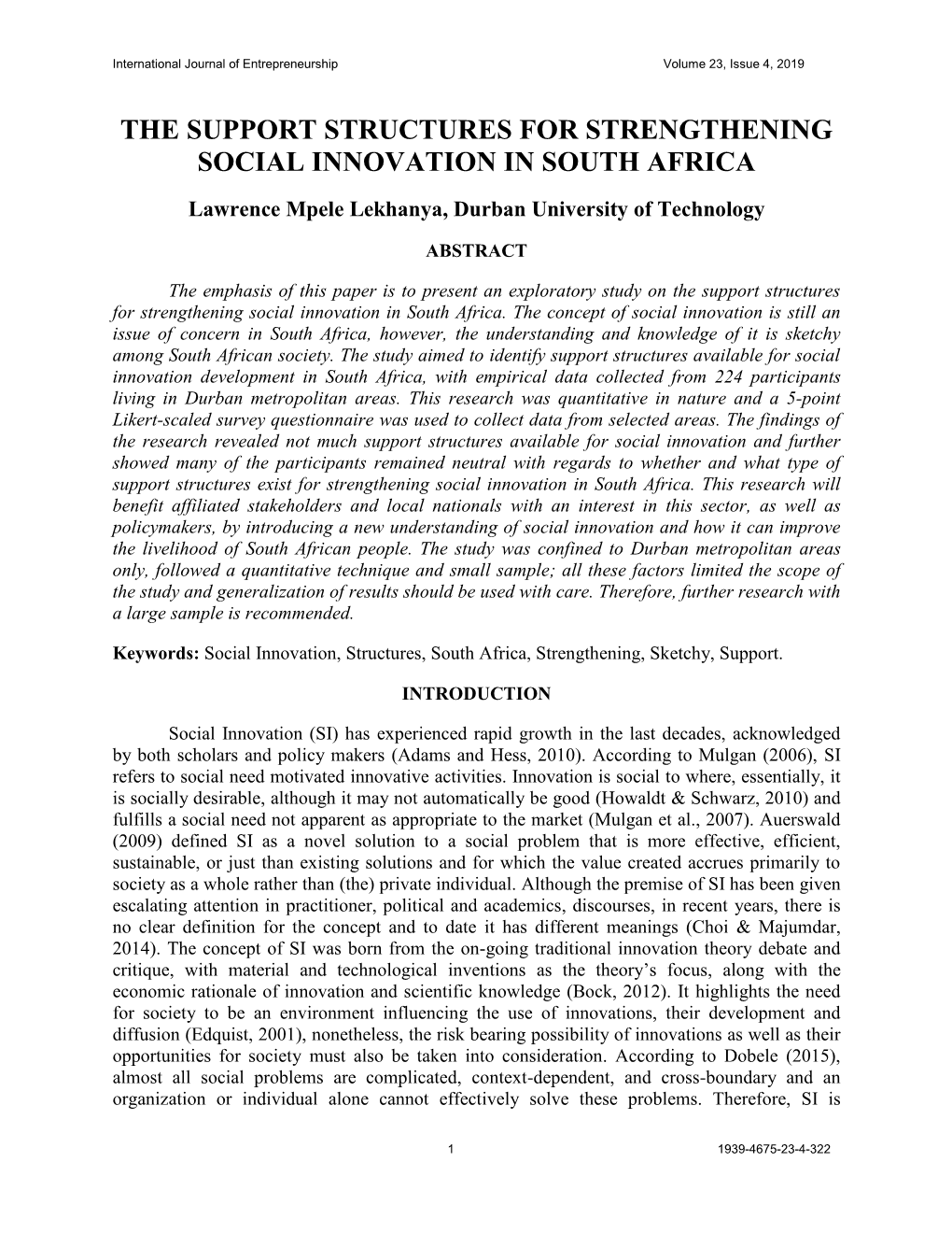 The Support Structures for Strengthening Social Innovation in South Africa