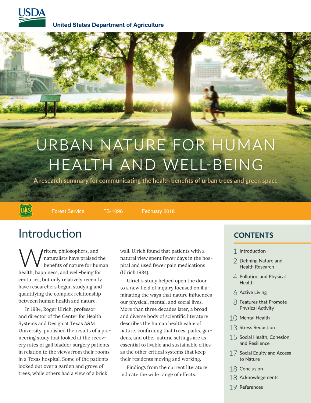 URBAN NATURE for HUMAN HEALTH and WELL-BEING a Research Summary for Communicating the Health Benefits of Urban Trees and Green Space