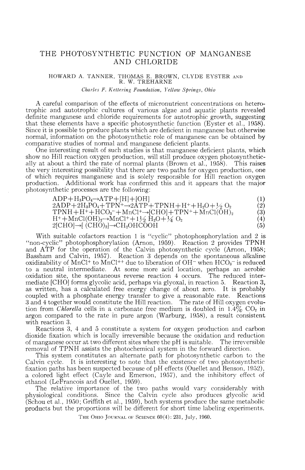 The Photosynthetic Function of Manganese and Chloride