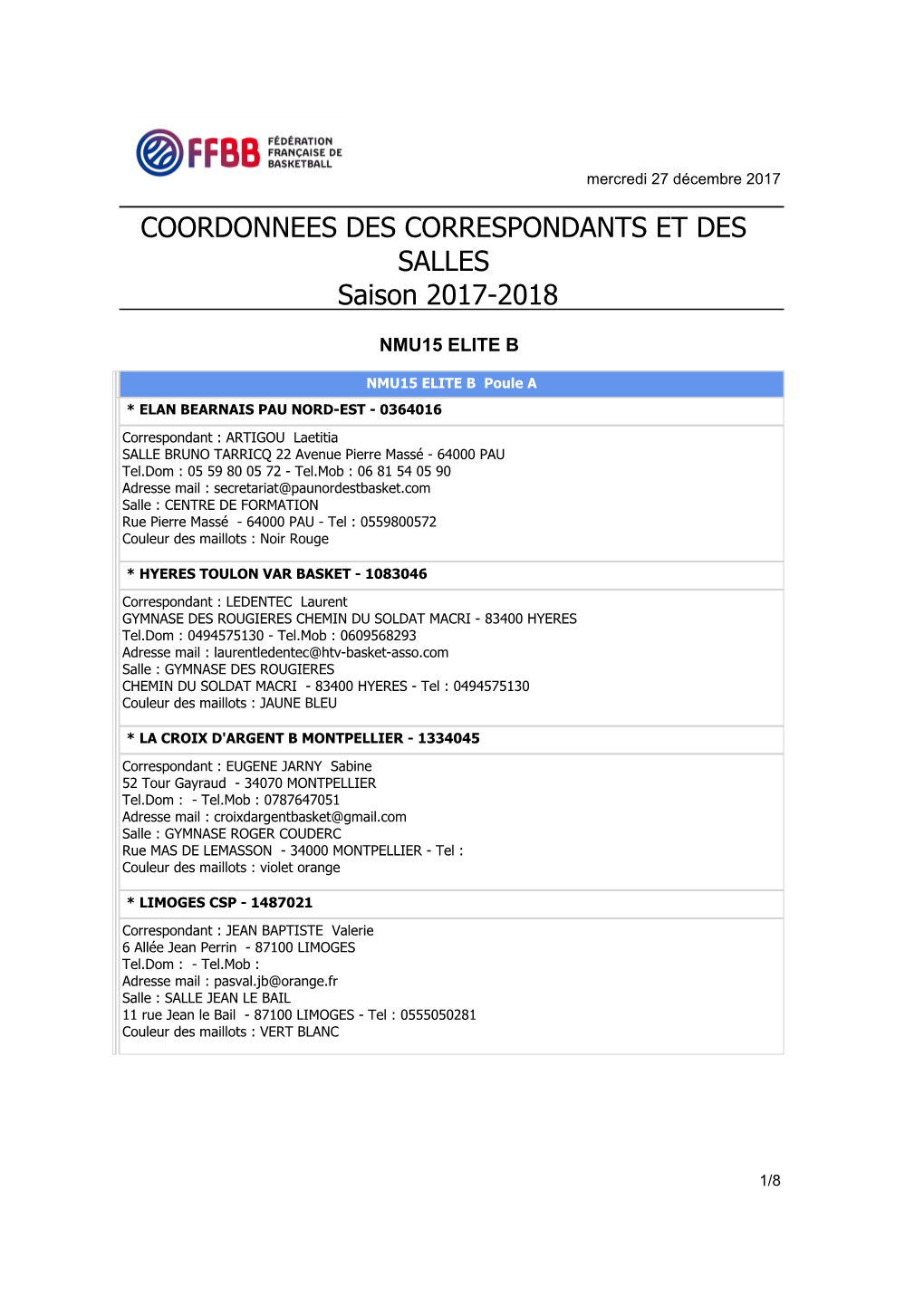COORDONNEES DES CORRESPONDANTS ET DES SALLES Saison 2017-2018