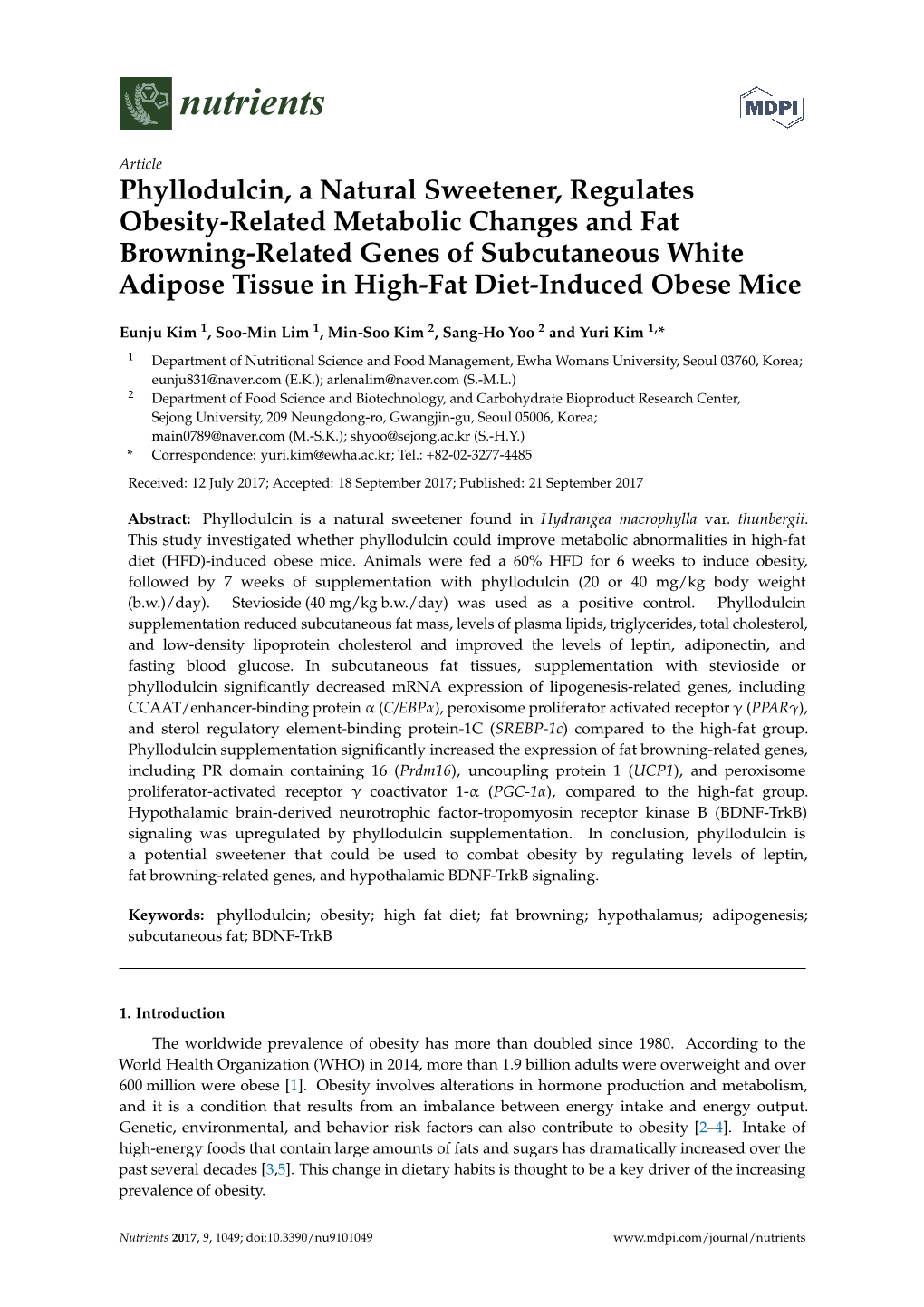 Phyllodulcin, a Natural Sweetener, Regulates Obesity-Related