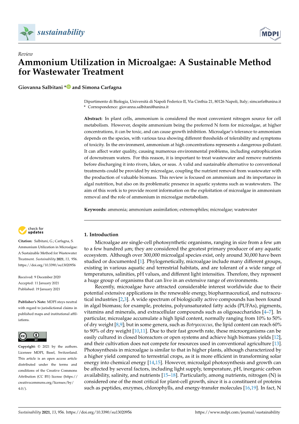 Ammonium Utilization in Microalgae: a Sustainable Method for Wastewater Treatment