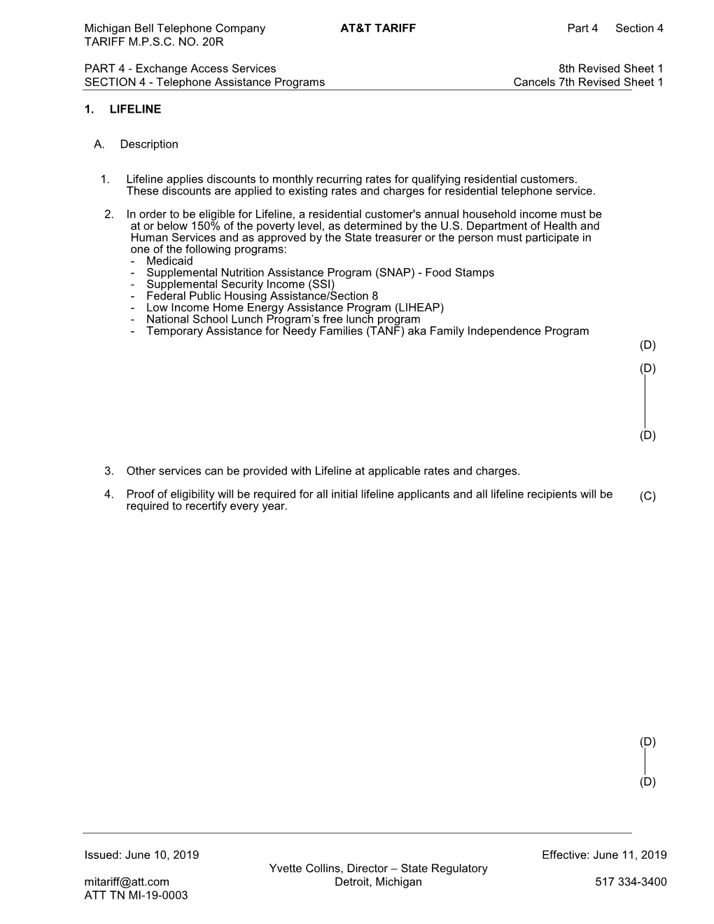 Michigan Bell Telephone Company AT&T TARIFF Part 4 Section 4