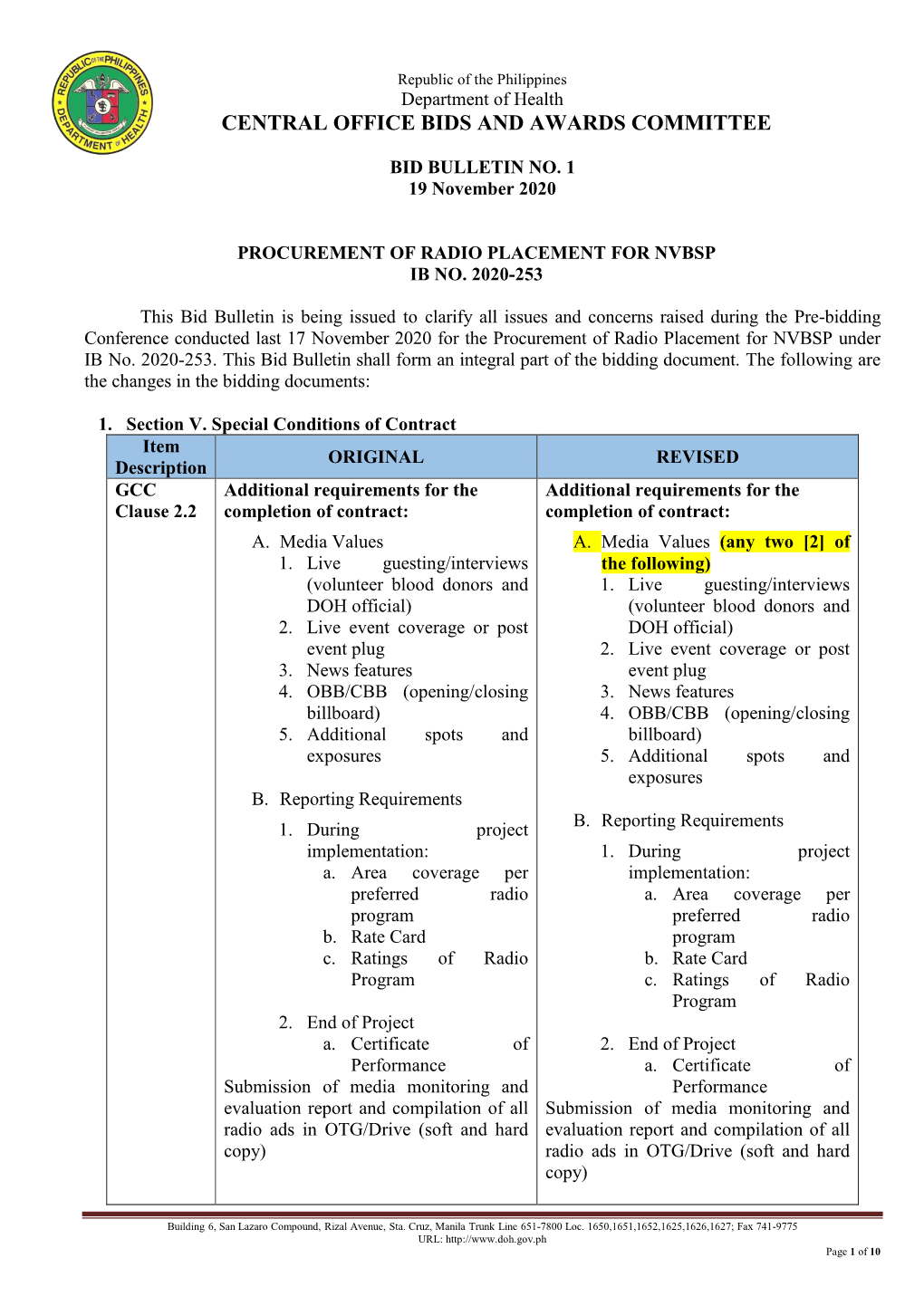 Bid Bulletin No. 1 for the Procurement of Radio Placement for Nvbsp-Ib No