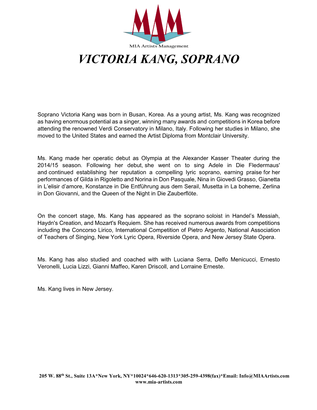 Victoria Kang, Soprano