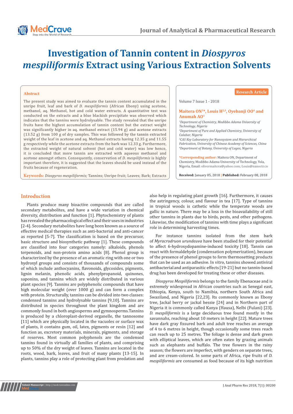 Investigation of Tannin Content in Diospyros Mespiliformis Extract Using Various Extraction Solvents