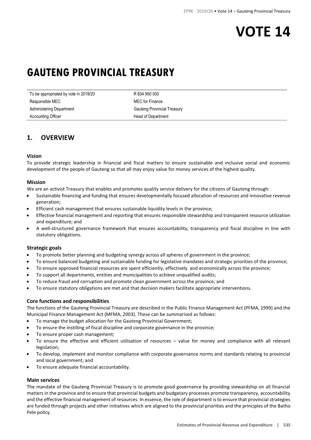 Vote 14 : Gauteng Provincial Treasury