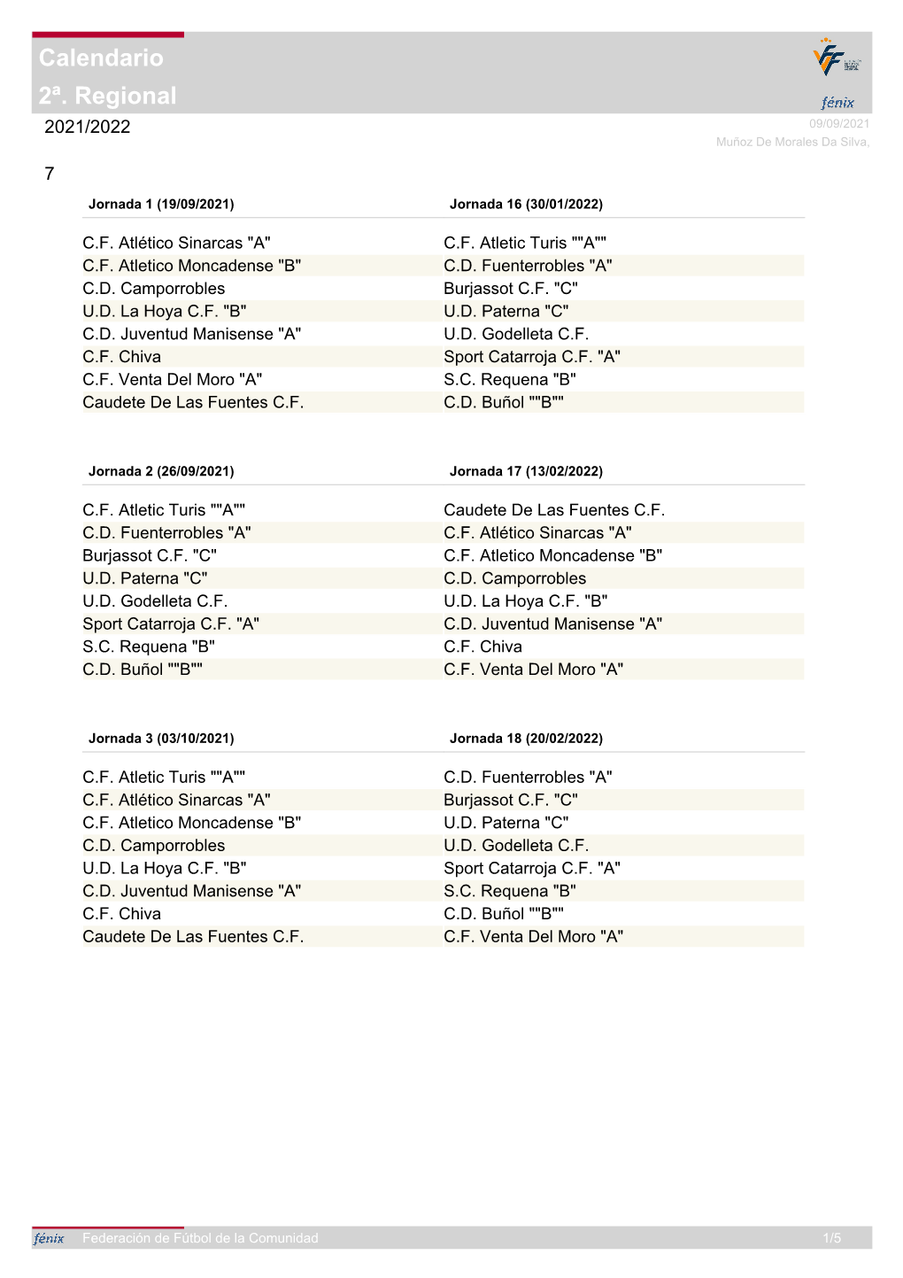 2ª. Regional Calendario