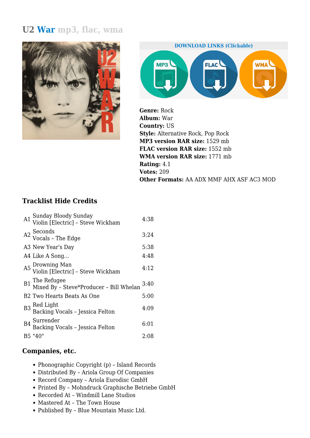 U2 War Mp3, Flac, Wma