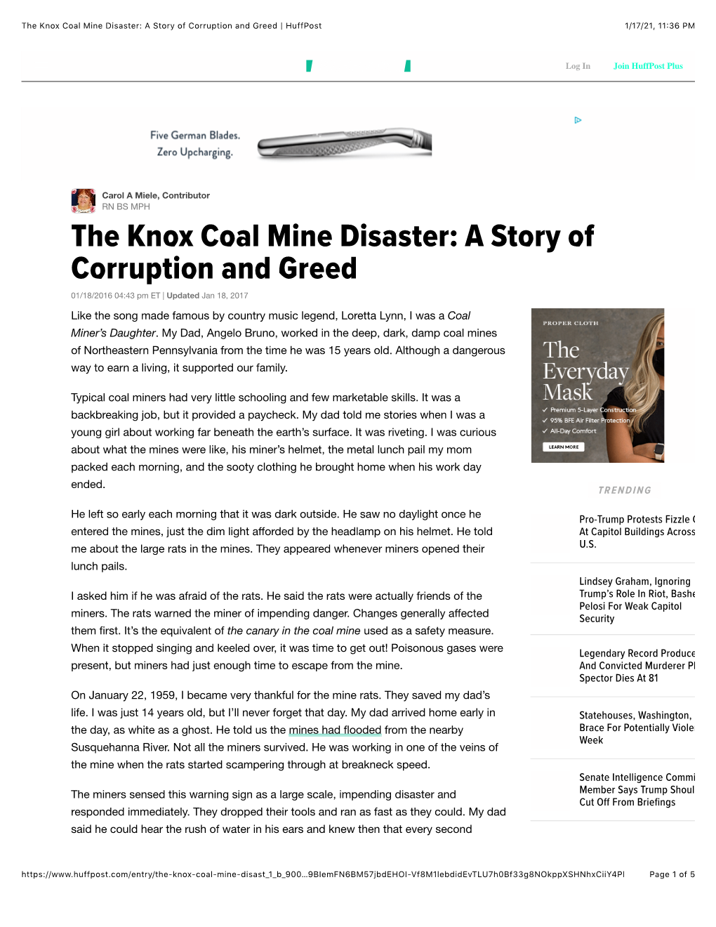 The Knox Coal Mine Disaster: a Story of Corruption and Greed | Huffpost 1/17/21, 11�36 PM