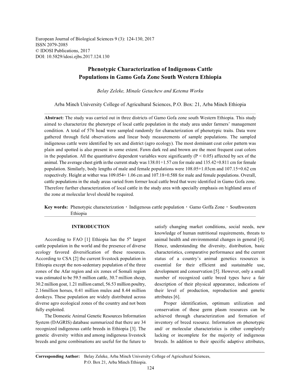 Phenotypic Characterization of Indigenous Cattle Populations in Gamo Gofa Zone South Western Ethiopia