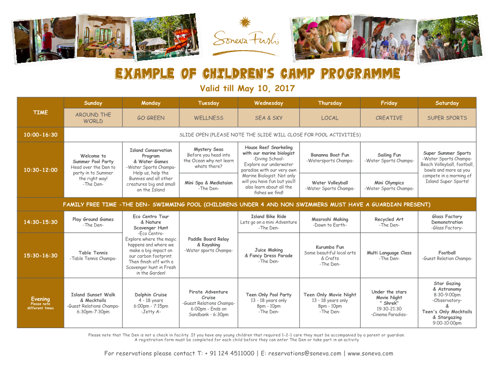 Example of Children's Camp Programme Valid Till May 10, 2017