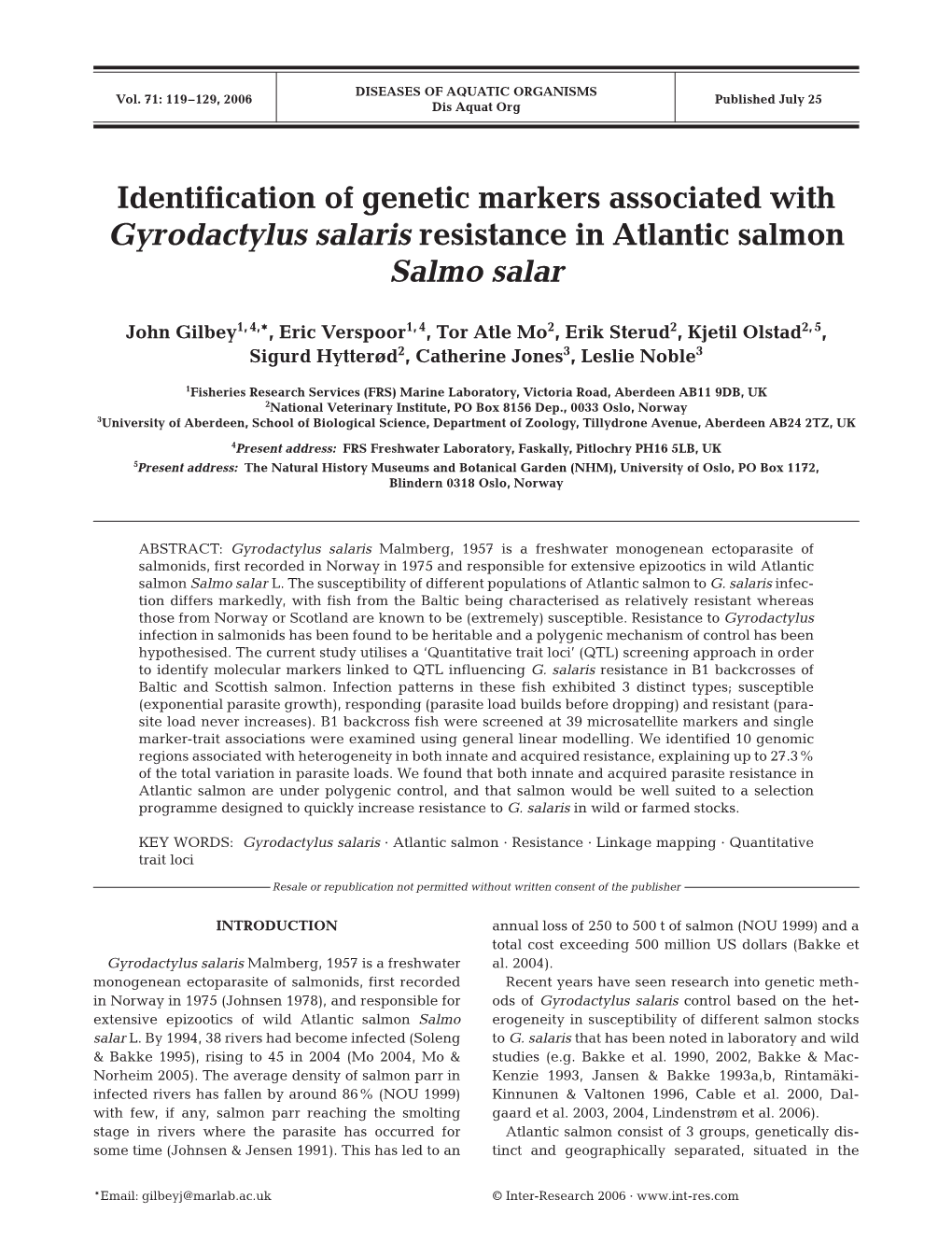 Identification of Genetic Markers Associated with Gyrodactylus Salaris Resistance in Atlantic Salmon Salmo Salar