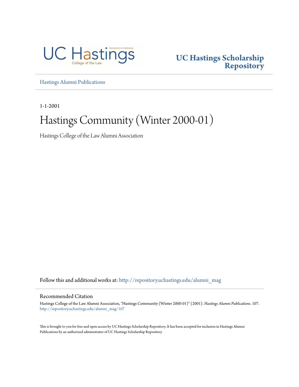 Hastings Community (Winter 2000-01) Hastings College of the Law Alumni Association