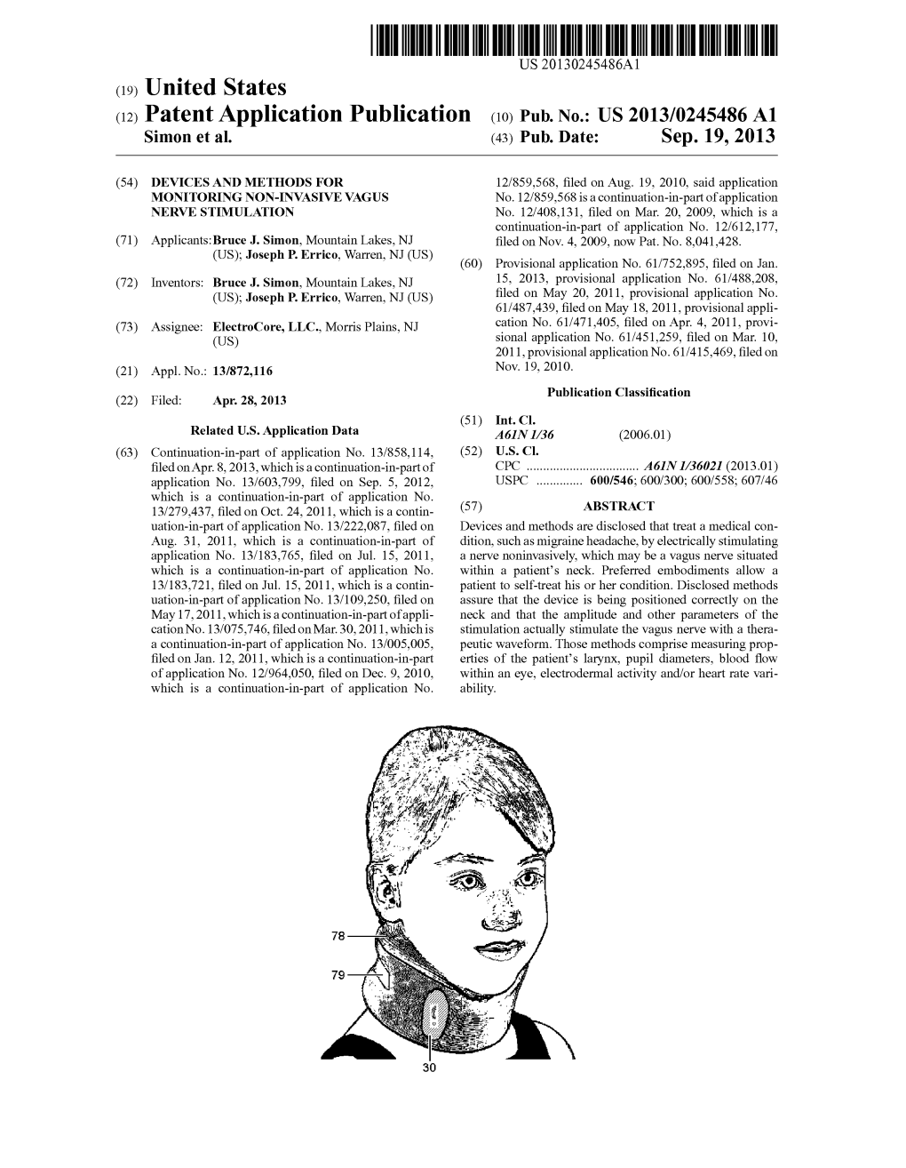 (12) Patent Application Publication (10) Pub. No.: US 2013/0245486A1 Simon Et Al