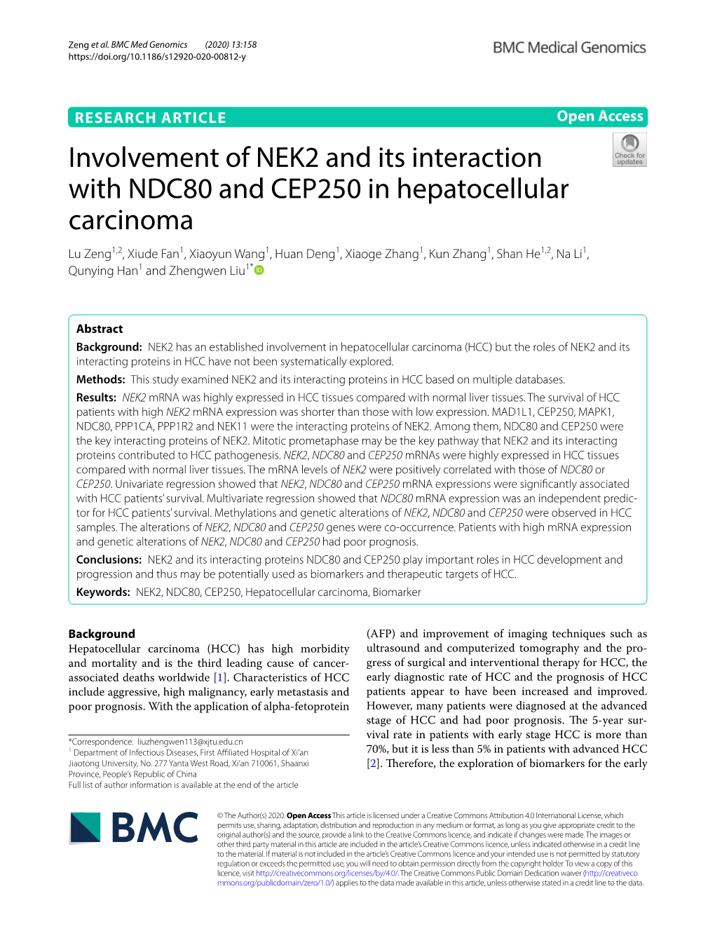 Involvement of NEK2 and Its Interaction with NDC80 and CEP250 in Hepatocellular Carcinoma