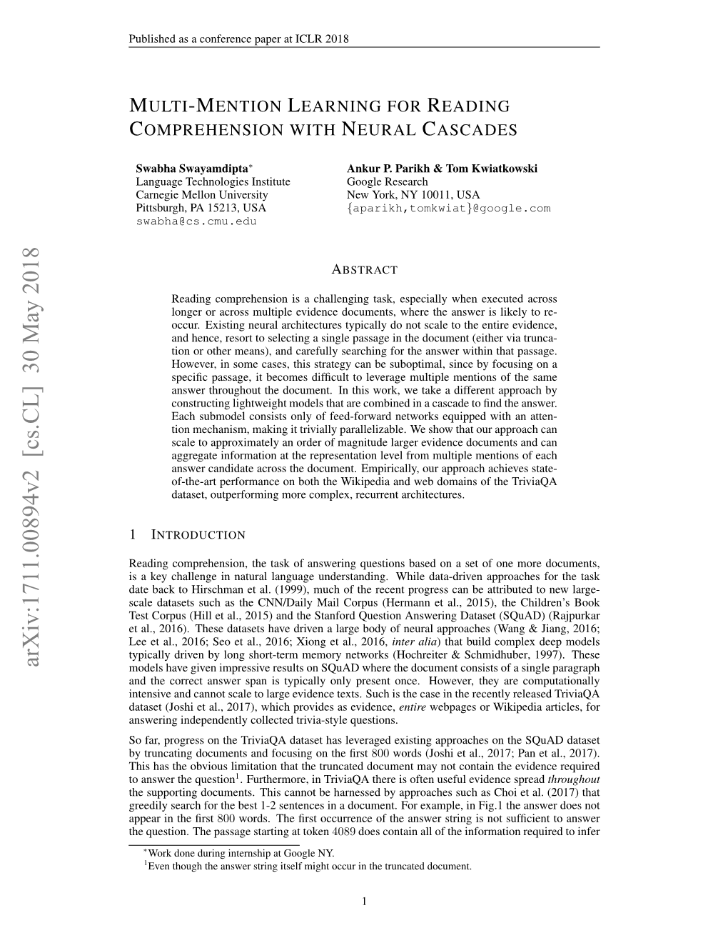 Multi-Mention Learning for Reading Comprehension with Neural Cascades