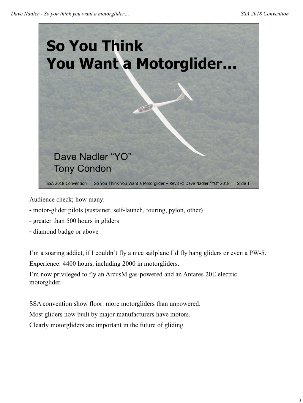 So You Think You Want a Motorglider… SSA 2018 Convention