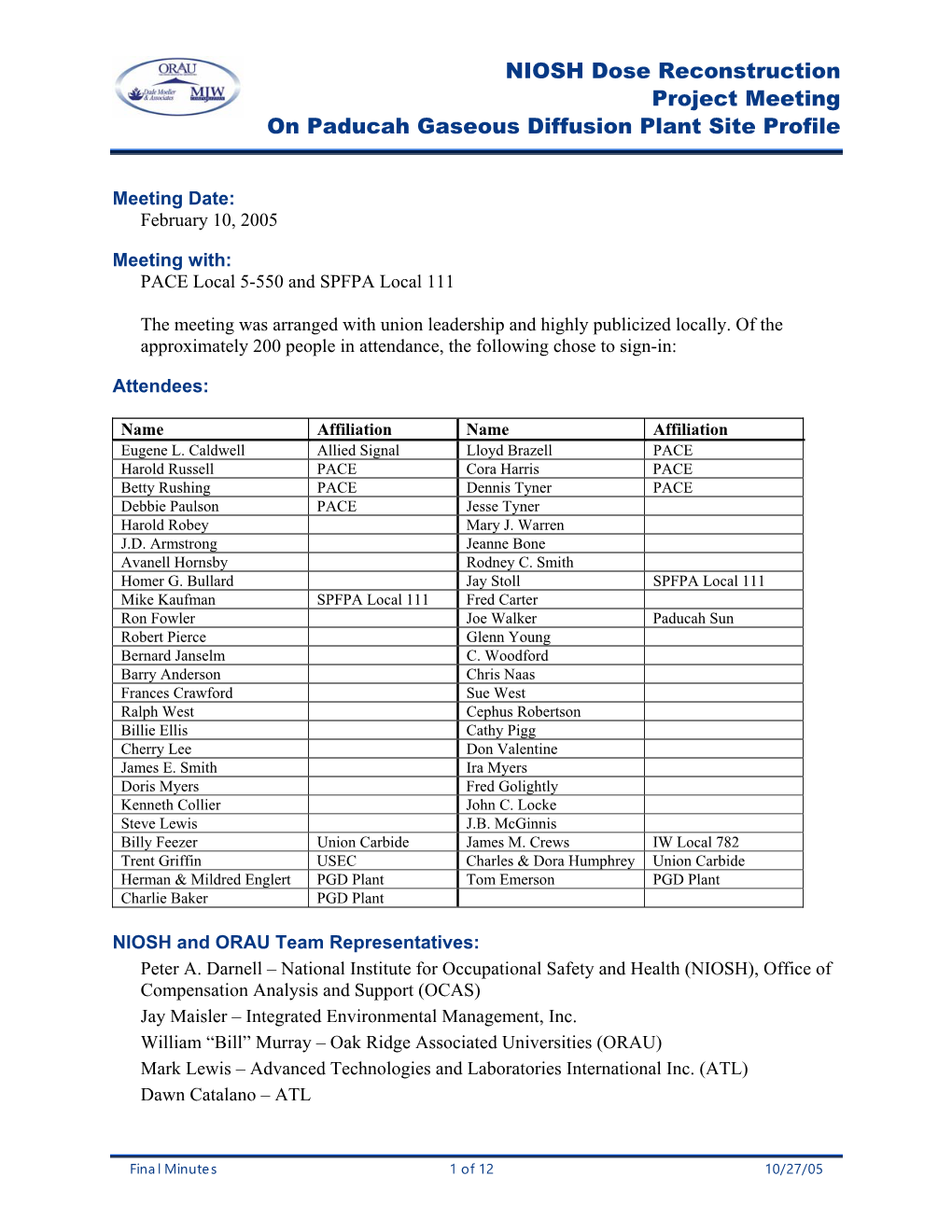 NIOSH Dose Reconstruction Project Meeting on Paducah Gaseous Diffusion Plant Site Profile