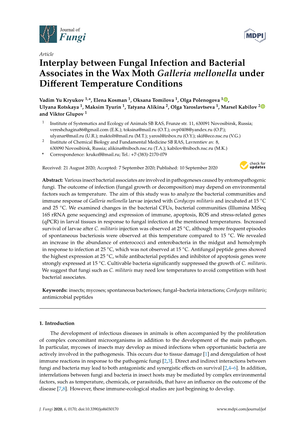 Interplay Between Fungal Infection and Bacterial Associates in the Wax Moth Galleria Mellonella Under Different Temperature Cond