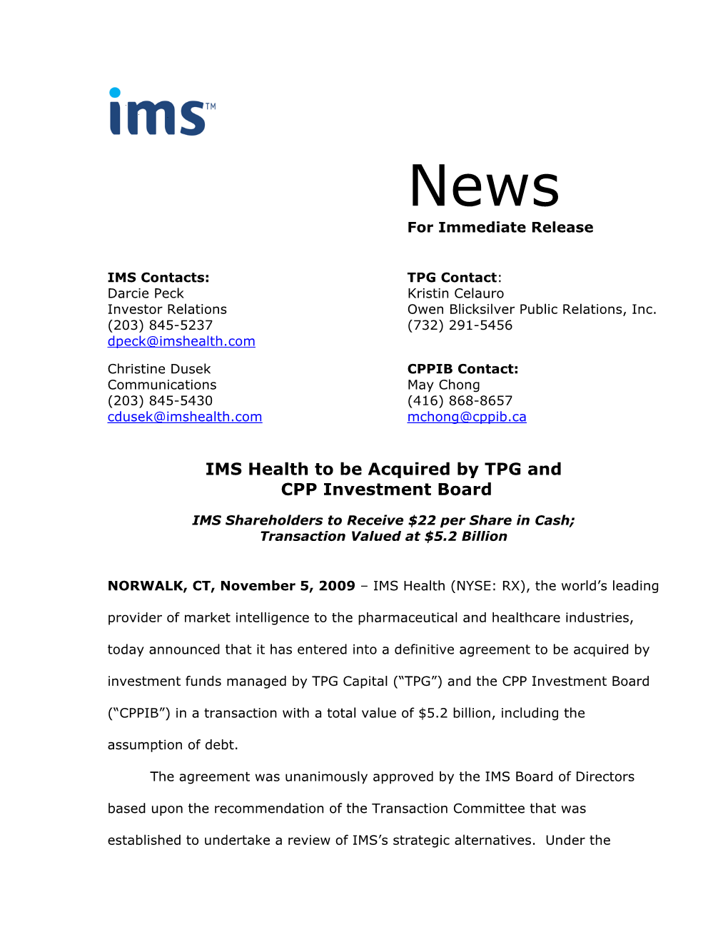 IMS Health to Be Acquired by TPG and CPP Investment Board