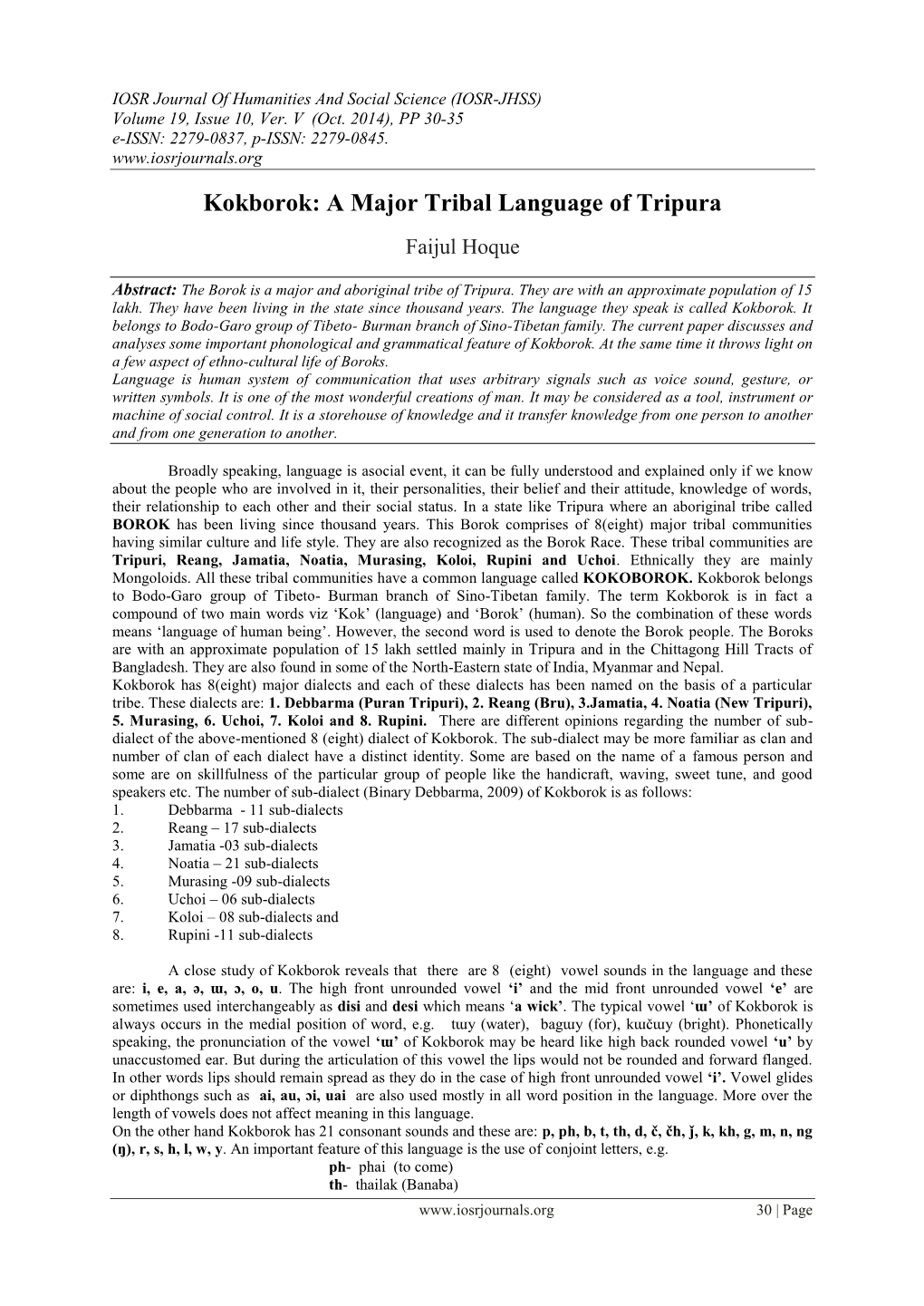 Kokborok: a Major Tribal Language of Tripura