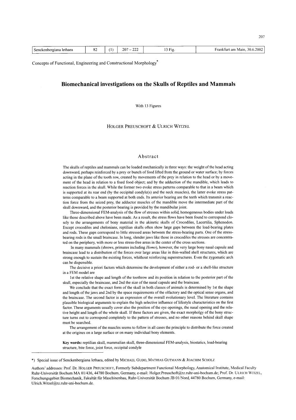 Biomechanical Investigations on the Skulls of Reptiles and Mammals