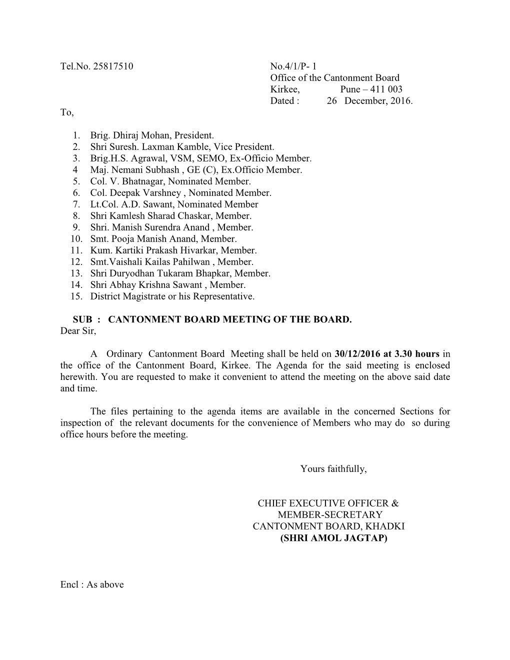 Tel.No. 25817510 No.4/1/P- 1 Office of the Cantonment Board Kirkee, Pune – 411 003 Dated : 26 December, 2016