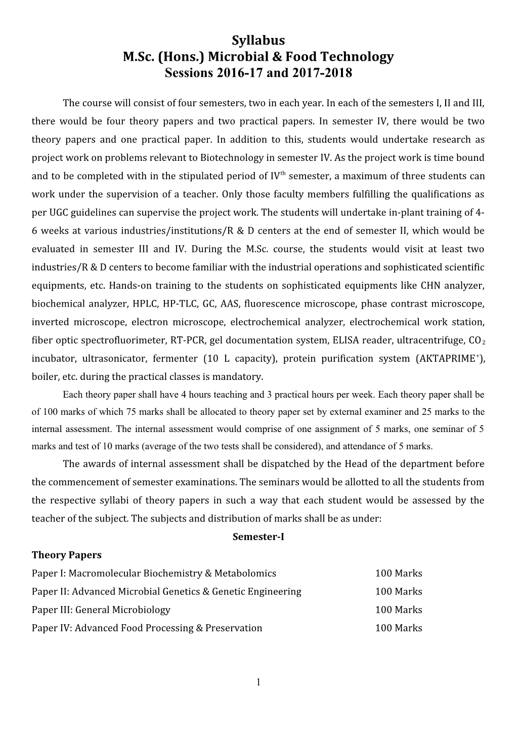 M.Sc. (Hons.) Microbial & Food Technology