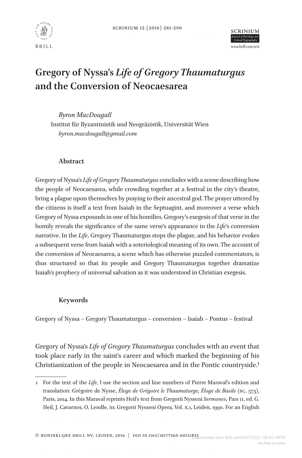 Gregory of Nyssa's Life of Gregory Thaumaturgus and the Conversion