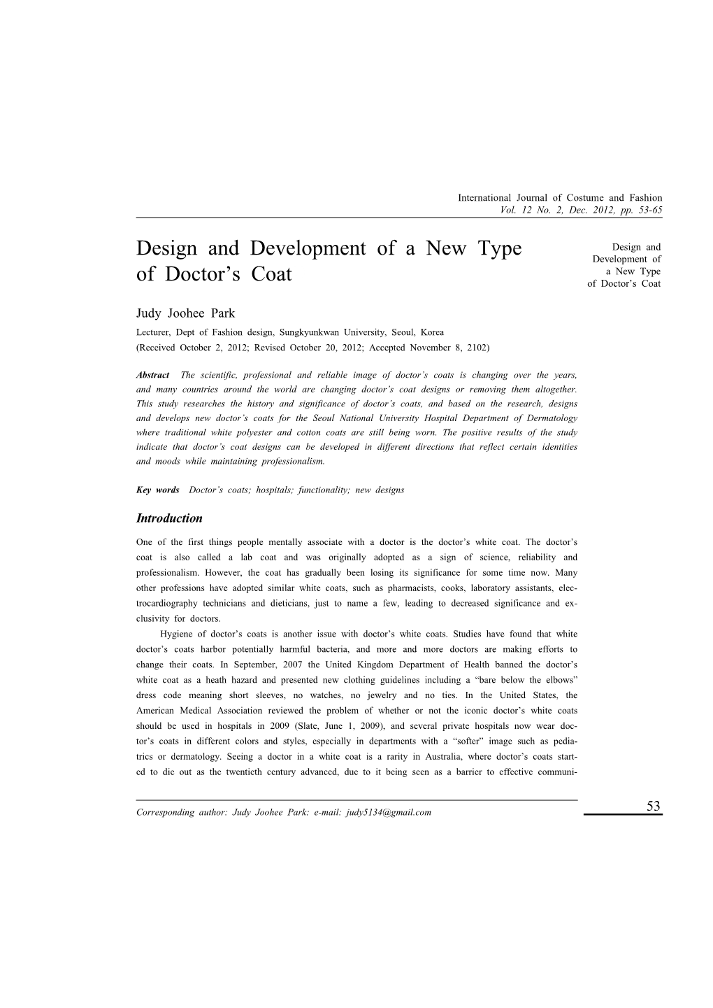 Design and Development of a New Type of Doctor's Coat