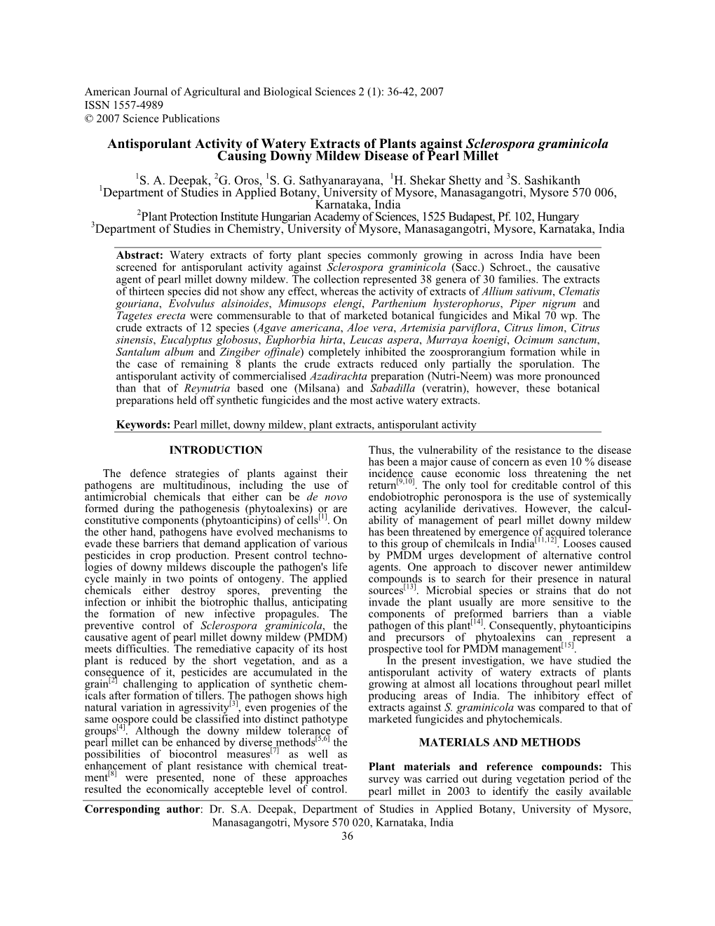 Antisporulant Activity of Watery Extracts of Plants Against Sclerospora Graminicola Causing Downy Mildew Disease of Pearl Millet